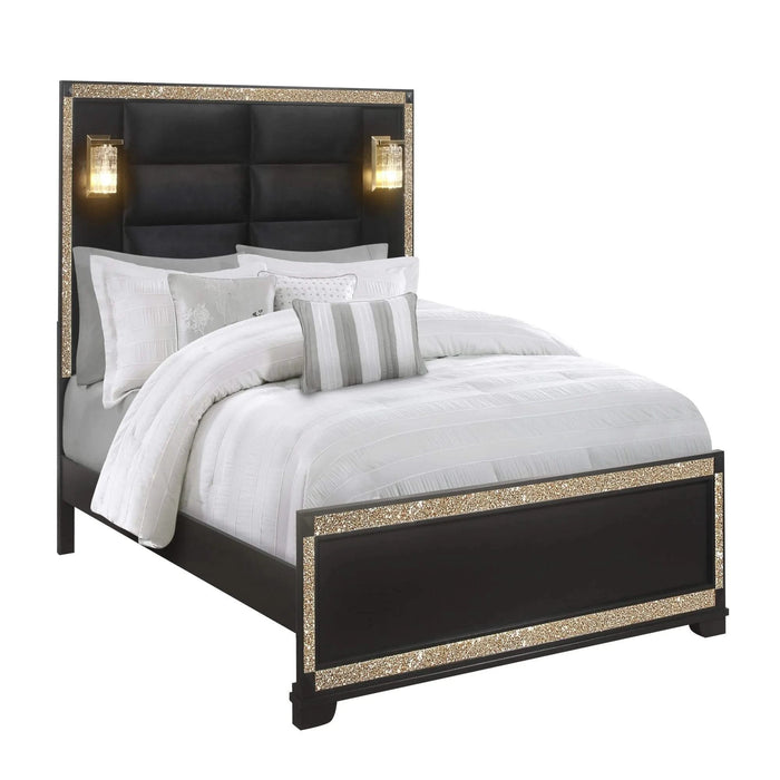 LIVELY Black/Gold King 5PC Bedroom Set with Glitter Detail and Padded Headboard with Lights Default -DTYStore