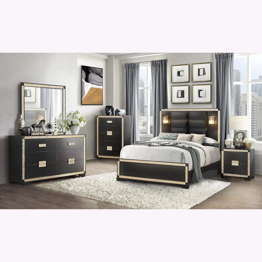 LIVELY Black/Gold King 5PC Bedroom Set with Glitter Detail and Padded Headboard with Lights Default -DTYStore