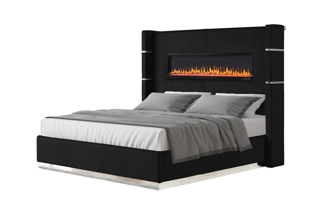 LIZZELLE Upholstery Wooden King 4 PC Bedroom set with Ambient lighting in Black Velvet Finish Default -DTYStore