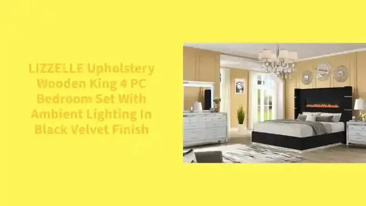 LIZZELLE Upholstery Wooden King 4 PC Bedroom set with Ambient lighting in Black Velvet Finish Default -DTYStore