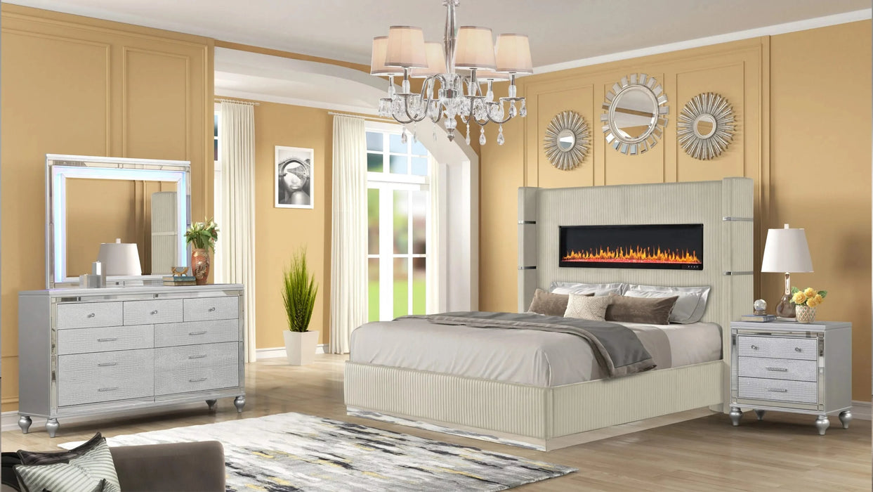 LIZZELLE Upholstery Wooden Queen 4 PC Bedroom set with Ambient lighting in Beige Velvet Finish(NJ INVENTORY) Default -DTYStore