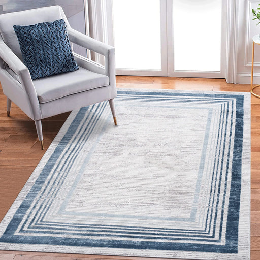 LOOM & LUXE Collection 8X10 Blue/Ivory/Bordered Non-Shedding Living Room Bedroom Dining Home Office Stylish and Stain Resistant Area Rug Default -DTYStore