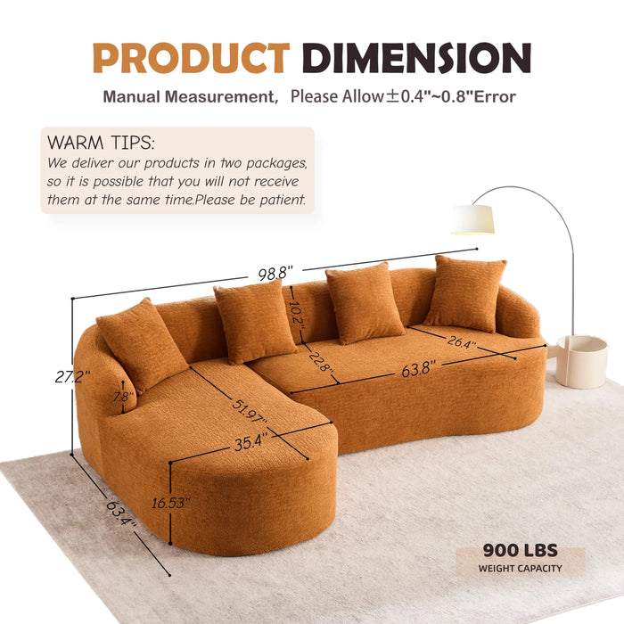 LY-022 Full Compression Sponge L-Shape Sectional Sofa with Curved Chaise, Amber Orange Modular Chenille Couch, 30D High-Density for Apartment Living Room.900 lbs. Default -DTYStore