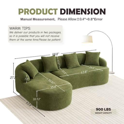 LY-022 Full Compression Sponge L-Shape Sectional Sofa with Curved Chaise, Green Modular Chenille Couch, 30D High-Density for Apartment Living Room,900 lbs. Default -DTYStore