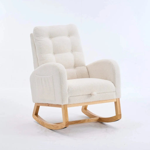 LY-5104 Plush Accent Rocking Chair with Footrest, Cream White High-Back Rocker, Rubber Wood Lounge Chair for Nursery & Living Room, 38.36'W x 26.77'D x 39.76'H Default -DTYStore