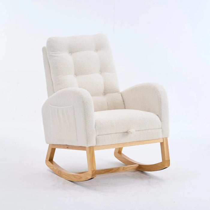 LY-5104 Plush Accent Rocking Chair with Footrest, Cream White High-Back Rocker, Rubber Wood Lounge Chair for Nursery & Living Room, 38.36'W x 26.77'D x 39.76'H Default -DTYStore