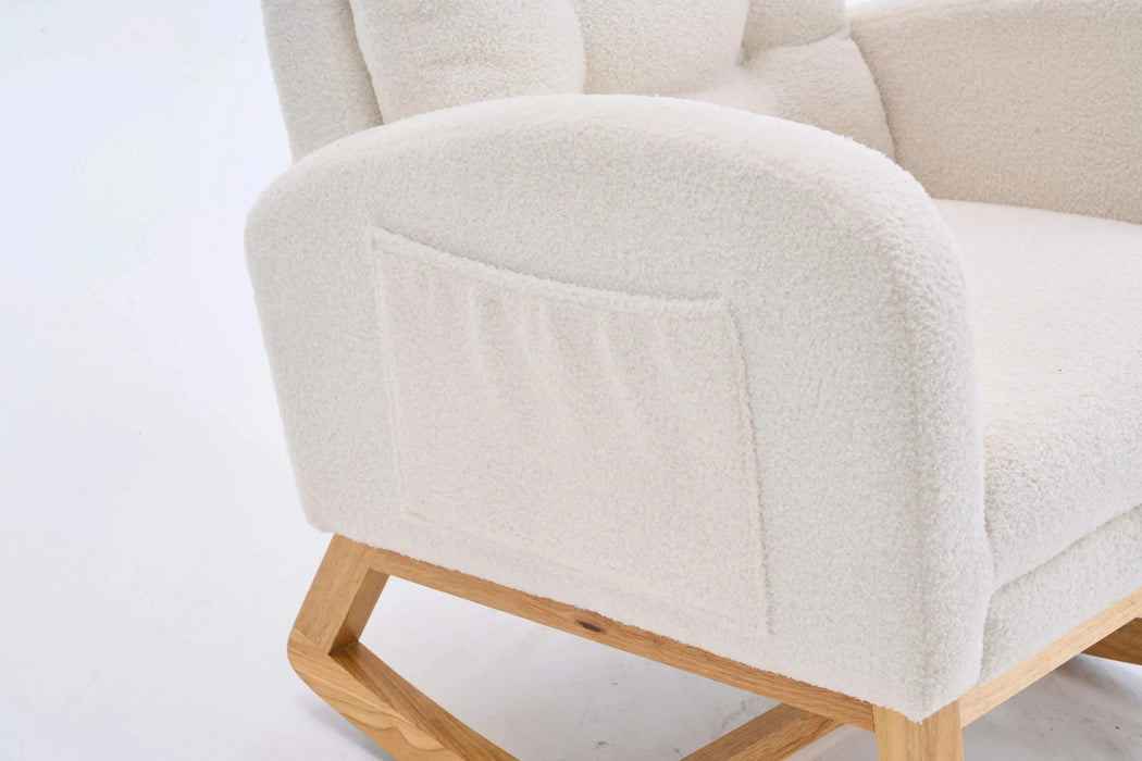 LY-5104 Plush Accent Rocking Chair with Footrest, Cream White High-Back Rocker, Rubber Wood Lounge Chair for Nursery & Living Room, 38.36'W x 26.77'D x 39.76'H Default -DTYStore