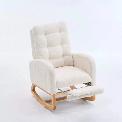 LY-5104 Plush Accent Rocking Chair with Footrest, Cream White High-Back Rocker, Rubber Wood Lounge Chair for Nursery & Living Room, 38.36'W x 26.77'D x 39.76'H Default -DTYStore
