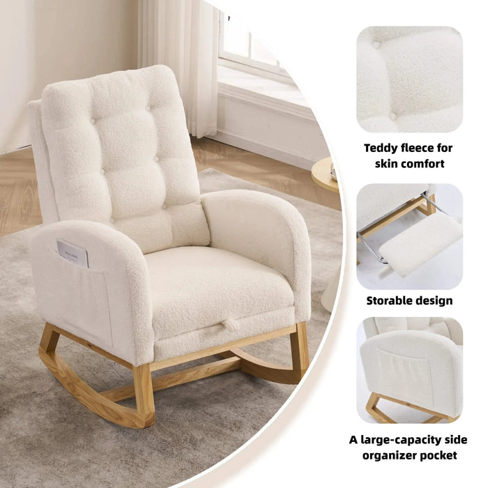 LY-5104 Plush Accent Rocking Chair with Footrest, Cream White High-Back Rocker, Rubber Wood Lounge Chair for Nursery & Living Room, 38.36'W x 26.77'D x 39.76'H Default -DTYStore