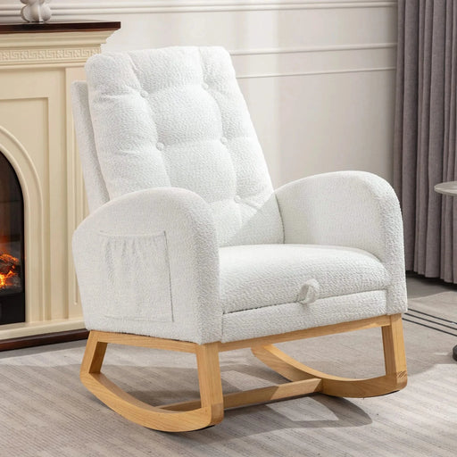LY-5104 White Accent Rocking Chair with Footrest High Back Rubber Wood Rocking Legs Default -DTYStore