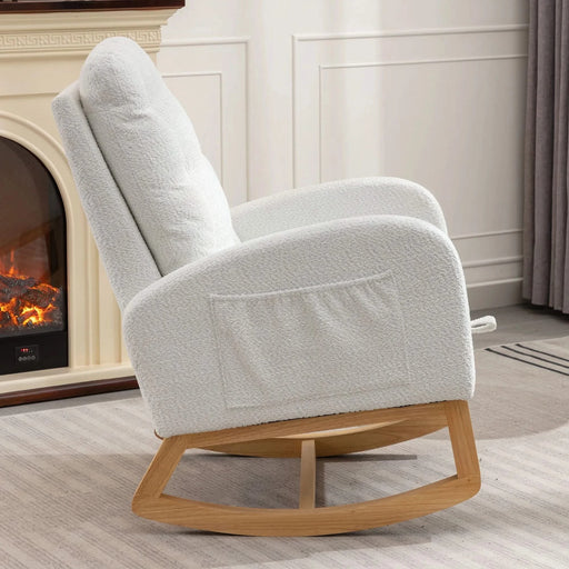 LY-5104 White Accent Rocking Chair with Footrest High Back Rubber Wood Rocking Legs Default -DTYStore