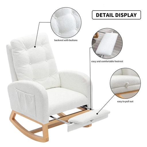LY-5104 White Accent Rocking Chair with Footrest High Back Rubber Wood Rocking Legs Default -DTYStore
