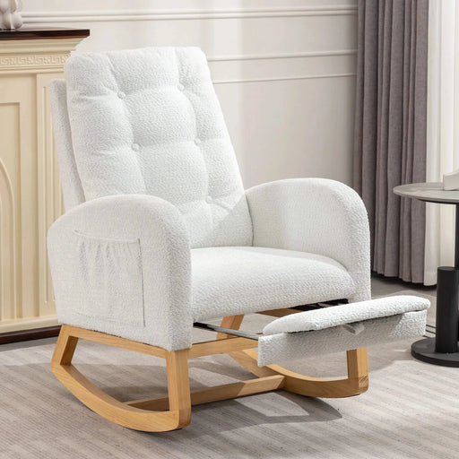 LY-5104 White Accent Rocking Chair with Footrest High Back Rubber Wood Rocking Legs Default -DTYStore
