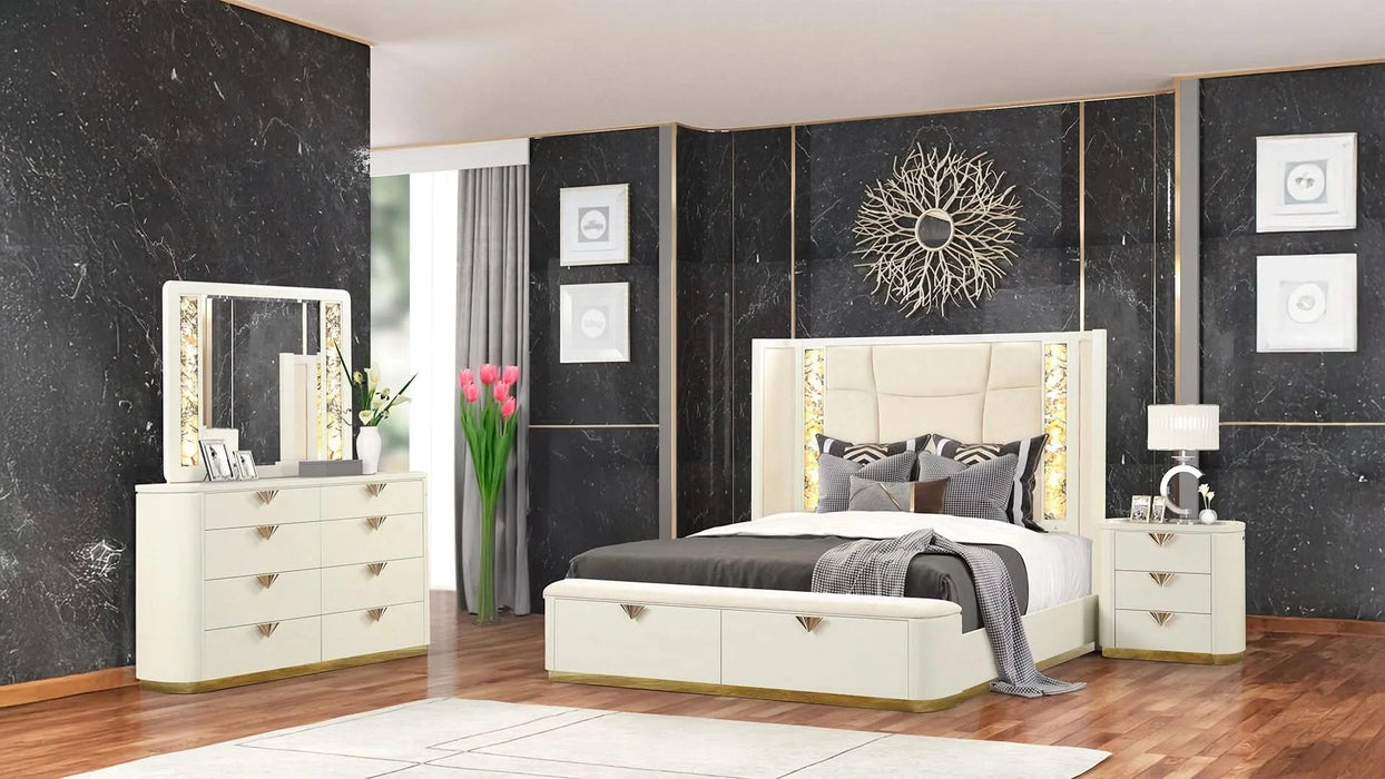 La Pierre Modern Style 4 Pc Queen Upholstered Bedroom Set Made with Wood and Gold Accents in Beige(CA INVENTORY) Default -DTYStore