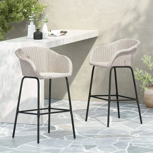 Ladd Outdoor Metal Wicker Barstool, Light Gray Faux Wicker, Set of 2 Default -DTYStore