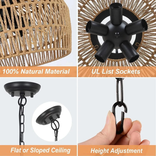 Large Farmhouse Chandeliers for Dining Room, 5-Light Rattan Boho Chandelier Light Fixture with Wicker Lampshade, Coastal Hanging Pendant Lighting for Kitchen Island Bedroom Living Room Nursery Default -DTYStore