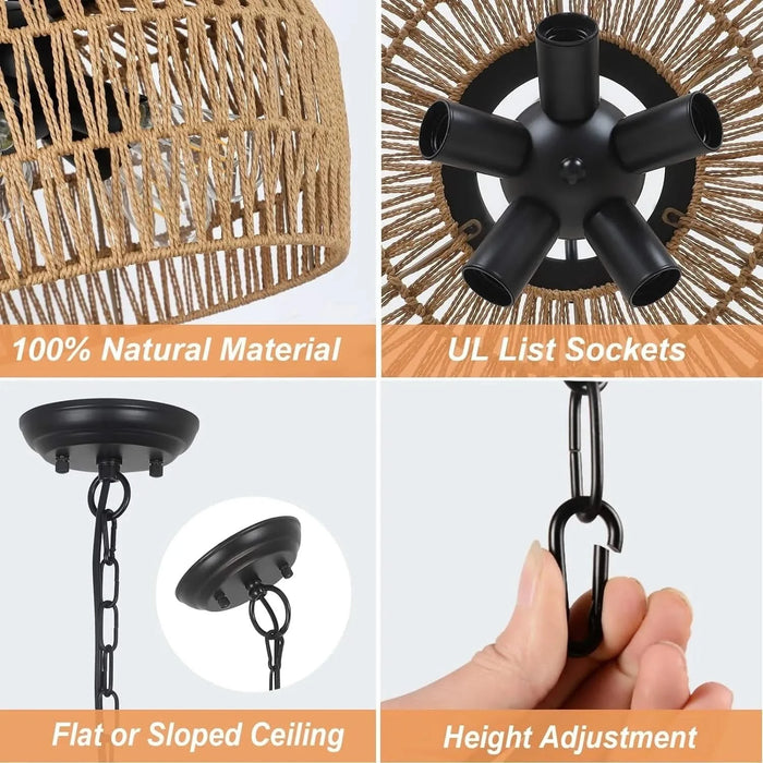 Large Farmhouse Chandeliers for Dining Room, 5-Light Rattan Boho Chandelier Light Fixture with Wicker Lampshade, Coastal Hanging Pendant Lighting for Kitchen Island Bedroom Living Room Nursery Default -DTYStore