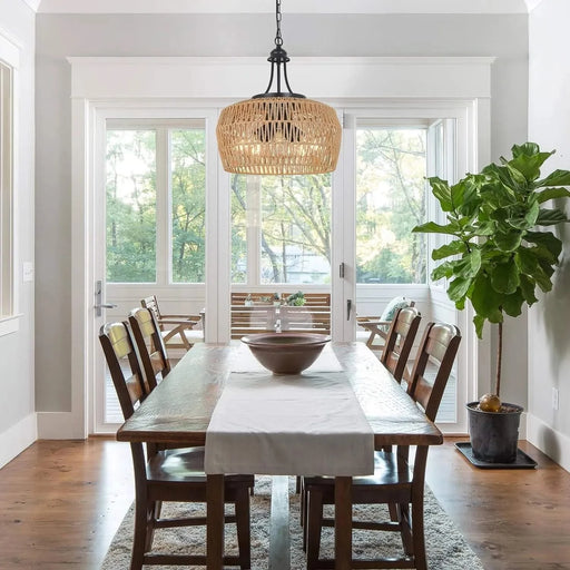 Large Farmhouse Chandeliers for Dining Room, 5-Light Rattan Boho Chandelier Light Fixture with Wicker Lampshade, Coastal Hanging Pendant Lighting for Kitchen Island Bedroom Living Room Nursery Default -DTYStore