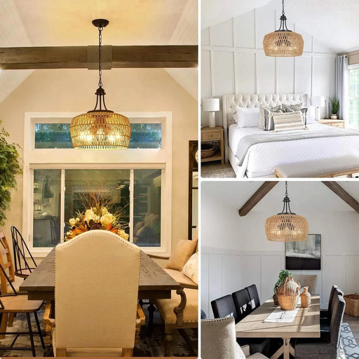 Large Farmhouse Chandeliers for Dining Room, 5-Light Rattan Boho Chandelier Light Fixture with Wicker Lampshade, Coastal Hanging Pendant Lighting for Kitchen Island Bedroom Living Room Nursery Default -DTYStore