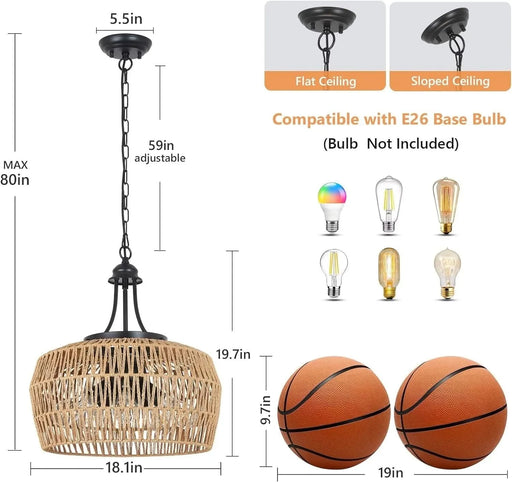 Large Farmhouse Chandeliers for Dining Room, 5-Light Rattan Boho Chandelier Light Fixture with Wicker Lampshade, Coastal Hanging Pendant Lighting for Kitchen Island Bedroom Living Room Nursery Default -DTYStore