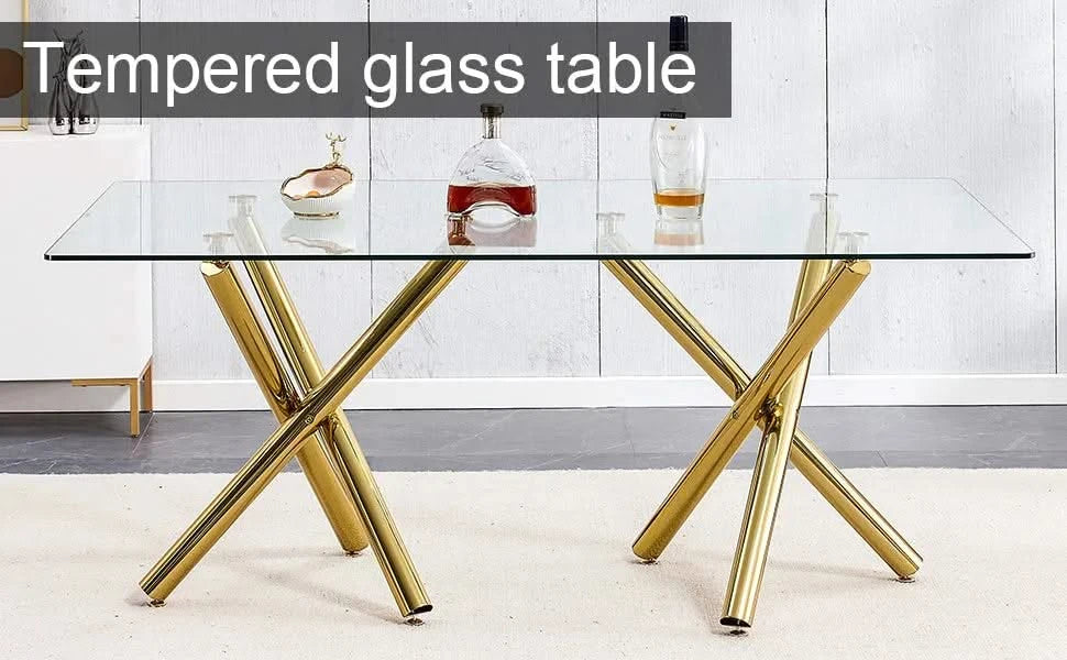 Large Modern Minimalist Rectangular Glass Dining Table for 6-8 with 0.39'Tempered Glass Tabletop and Golden Metal Legs,Kitchen Dining Living Meeting Room Banquet hall, 71' x 35.4' x 30'W1151S00798 Default -DTYStore