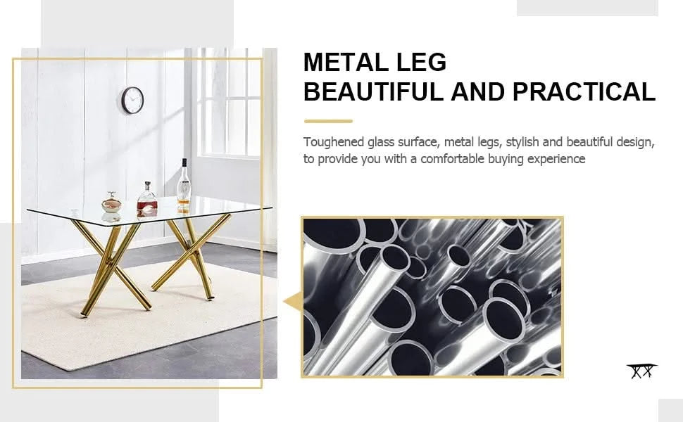 Large Modern Minimalist Rectangular Glass Dining Table for 6-8 with 0.39'Tempered Glass Tabletop and Golden Metal Legs,Kitchen Dining Living Meeting Room Banquet hall, 71' x 35.4' x 30'W1151S00798 Default -DTYStore