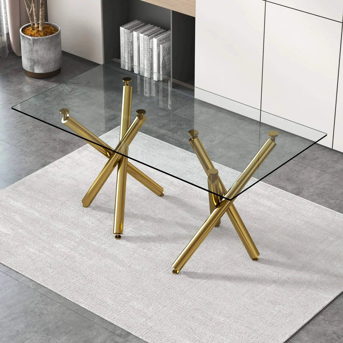 Large Modern Minimalist Rectangular Glass Dining Table for 6-8 with 0.39'Tempered Glass Tabletop and Golden Metal Legs,Kitchen Dining Living Meeting Room Banquet hall, 71' x 35.4' x 30'W1151S00798 Default -DTYStore