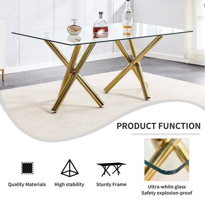 Large Modern Minimalist Rectangular Glass Dining Table for 6-8 with 0.39'Tempered Glass Tabletop and Golden Metal Legs,Kitchen Dining Living Meeting Room Banquet hall, 71' x 35.4' x 30'W1151S00798 Default -DTYStore