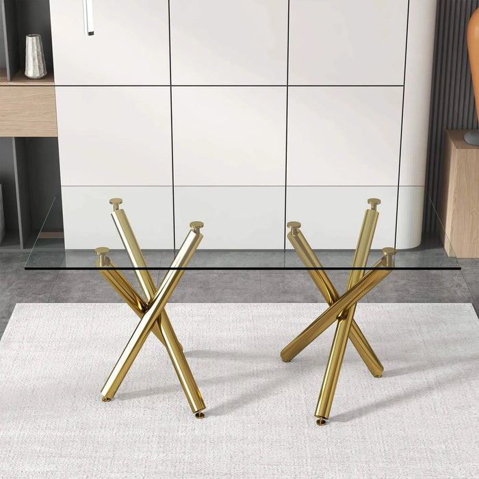 Large Modern Minimalist Rectangular Glass Dining Table for 6-8 with 0.39'Tempered Glass Tabletop and Golden Metal Legs,Kitchen Dining Living Meeting Room Banquet hall, 71' x 35.4' x 30'W1151S00798 Default -DTYStore