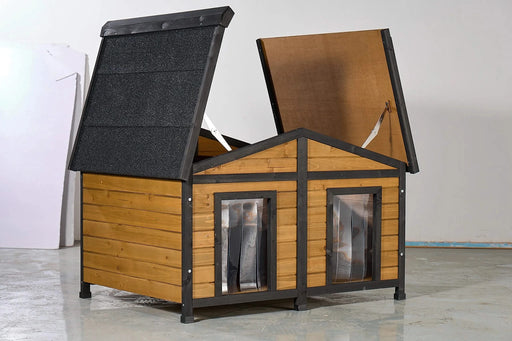 Large Outdoor Wooden Dog House with Dual Doors, Waterproof Asphalt Roof & Lift-Up Top, Fir Wood Dog Shelter for Medium to Large Dogs (Black & Natural Finish) Default -DTYStore