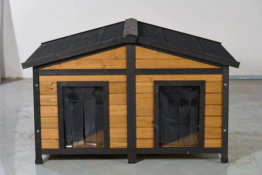 Large Outdoor Wooden Dog House with Dual Doors, Waterproof Asphalt Roof & Lift-Up Top, Fir Wood Dog Shelter for Medium to Large Dogs (Black & Natural Finish) Default -DTYStore