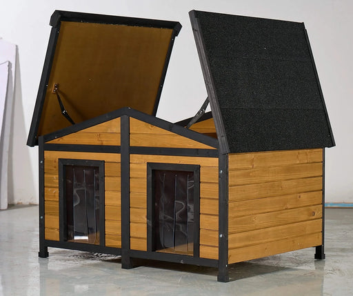 Large Outdoor Wooden Dog House with Dual Doors, Waterproof Asphalt Roof & Lift-Up Top, Fir Wood Dog Shelter for Medium to Large Dogs (Black & Natural Finish) Default -DTYStore
