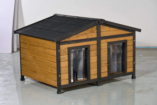 Large Outdoor Wooden Dog House with Dual Doors, Waterproof Asphalt Roof & Lift-Up Top, Fir Wood Dog Shelter for Medium to Large Dogs (Black & Natural Finish) Default -DTYStore