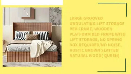 Large grooved undulating lift storage bed frame, wooden platform bed frame with lift storage, no spring box required/no noise, rustic brown slatted natural wood( Queen) Default -DTYStore