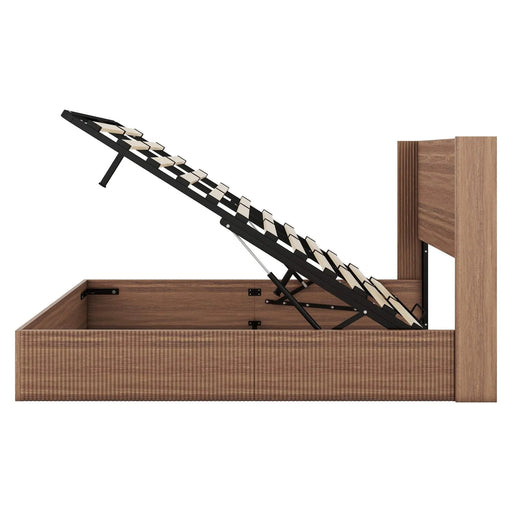 Large grooved undulating lift storage bed frame, wooden platform bed frame with lift storage, no spring box required/no noise, rustic brown slatted natural wood( Queen) Default -DTYStore