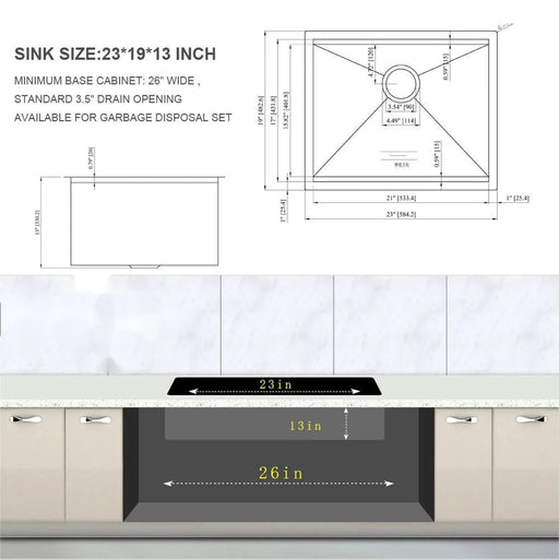 Laundry Workstation Sink - 23' x 19' x 13' Undermount Utility Sink, Deep Single Bowl, 16 Gauge Stainless Steel, Brushed Nickel Finish Default -DTYStore