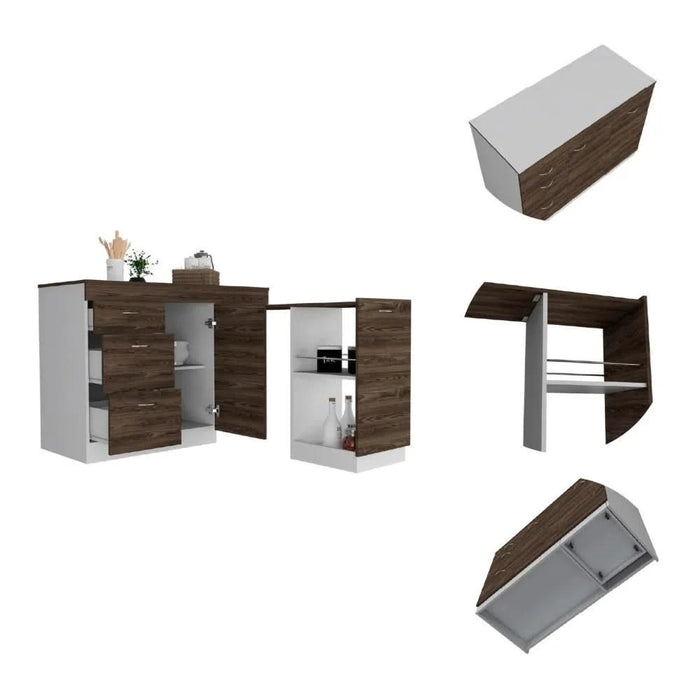 Laurel 3-Drawer L-Shaped Convertible Kitchen Island White and Dark Walnut Default -DTYStore