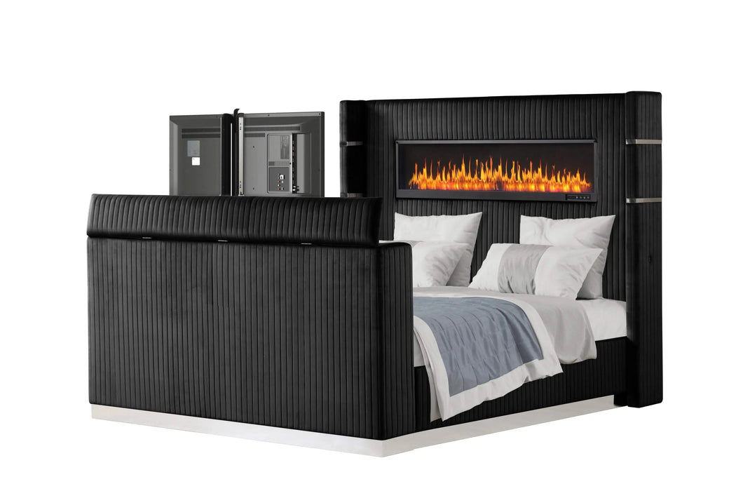 Lavish Modern Style 4 Pc King Bedroom Set Made with Fireplace in Headboard & TV stand in Footboard with Wood in Black(CA INVENTORY) Default -DTYStore