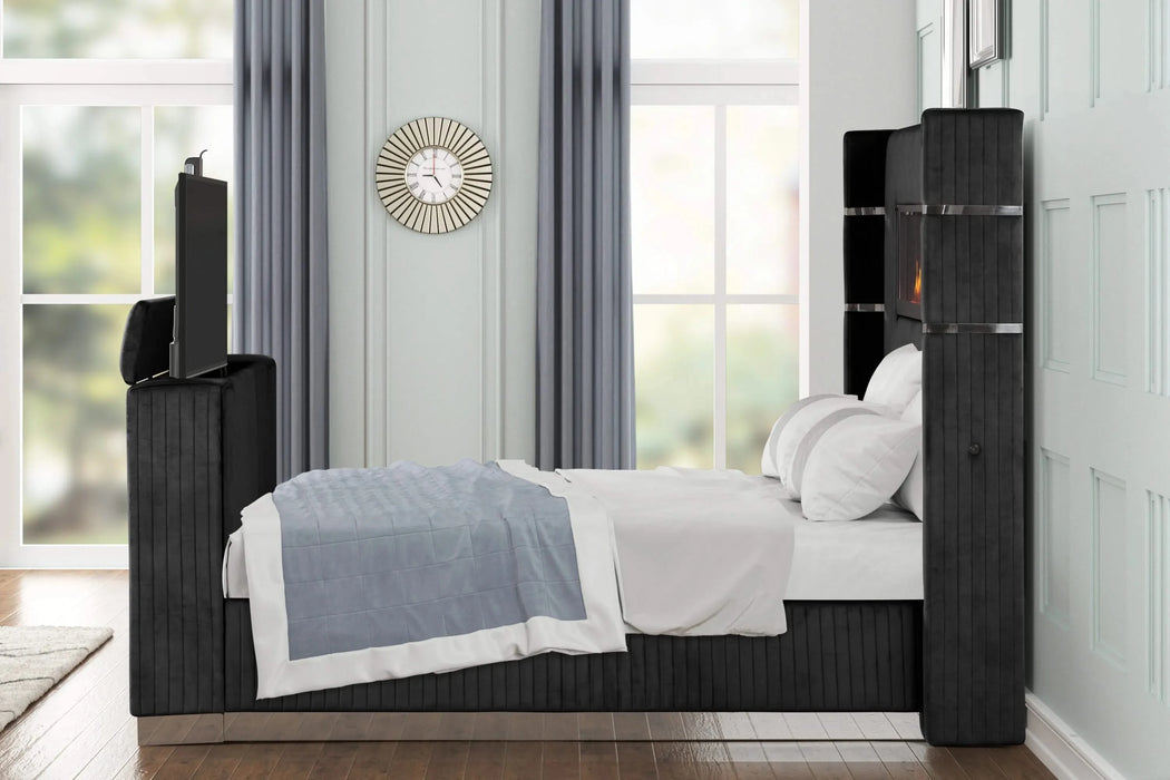 Lavish Modern Style 4 Pc King Bedroom Set Made with Fireplace in Headboard & TV stand in Footboard with Wood in Black(CA INVENTORY) Default -DTYStore