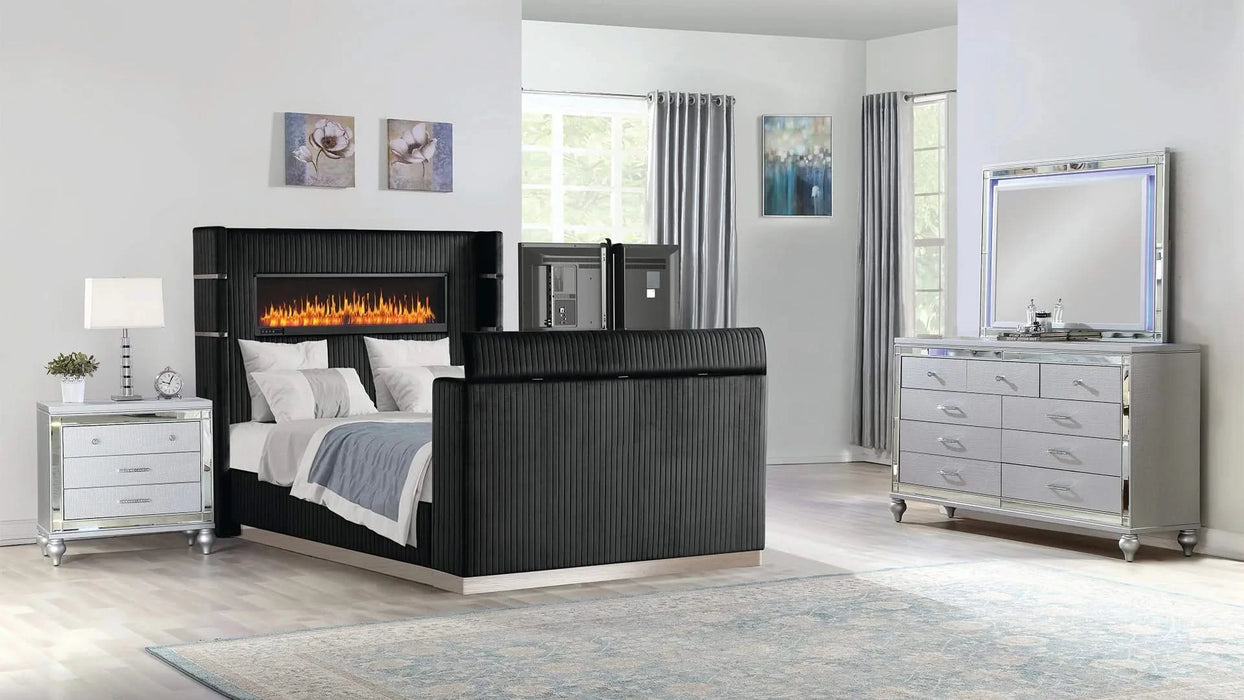 Lavish Modern Style 4 Pc King Bedroom Set Made with Fireplace in Headboard & TV stand in Footboard with Wood in Black(CA INVENTORY) Default -DTYStore