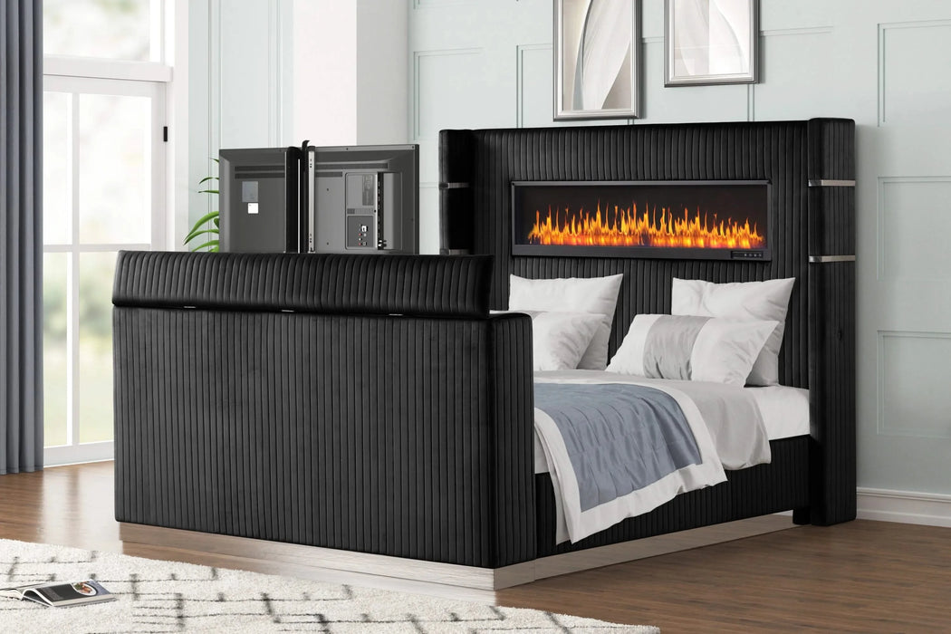 Lavish Modern Style 4 Pc King Bedroom Set Made with Fireplace in Headboard & TV stand in Footboard with Wood in Black(CA INVENTORY) Default -DTYStore