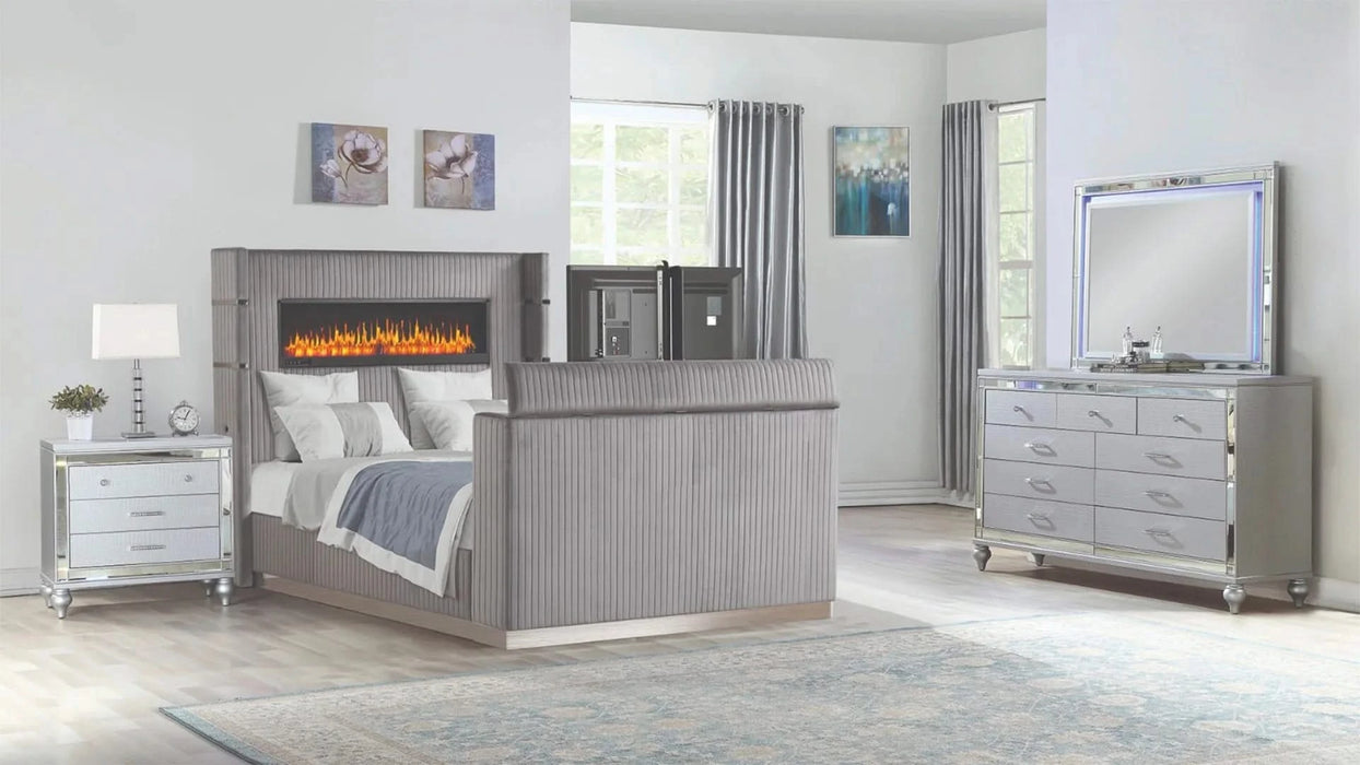 Lavish Modern Style 4 Pc King Bedroom Set Made with Fireplace in Headboard & TV stand in Footboard with Wood in Grey Default -DTYStore