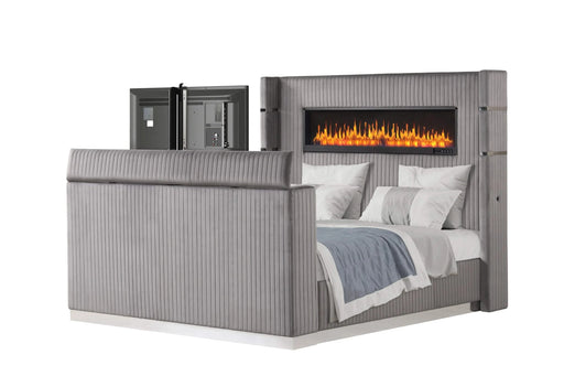 Lavish Modern Style 4 Pc King Bedroom Set Made with Fireplace in Headboard & TV stand in Footboard with Wood in Grey Default -DTYStore