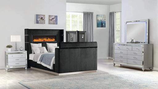 Lavish Modern Style 4 Pc Queen Bedroom Set Made with Fireplace in Headboard & TV stand in Footboard with Wood in Black(CA INVENTORY) Default -DTYStore