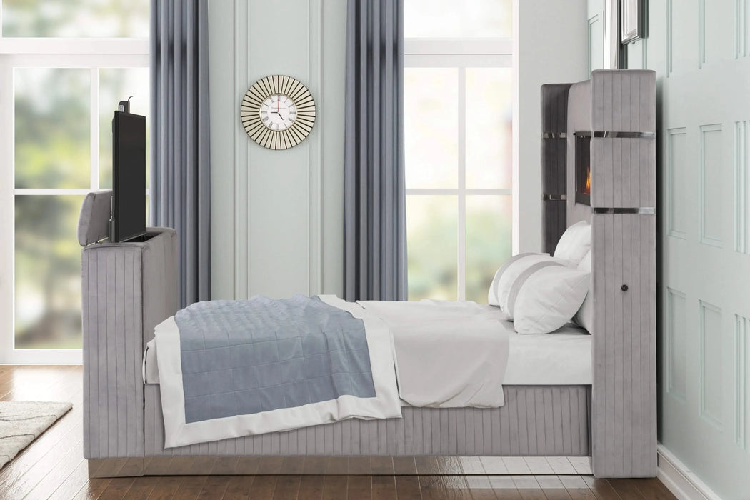 Lavish Modern Style 4 Pc Queen Bedroom Set Made with Fireplace in Headboard & TV stand in Footboard with Wood in Grey(CA INVENTORY) Default -DTYStore