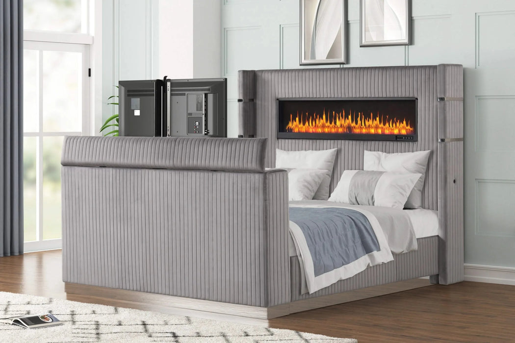 Lavish Modern Style 4 Pc Queen Bedroom Set Made with Fireplace in Headboard & TV stand in Footboard with Wood in Grey Default -DTYStore