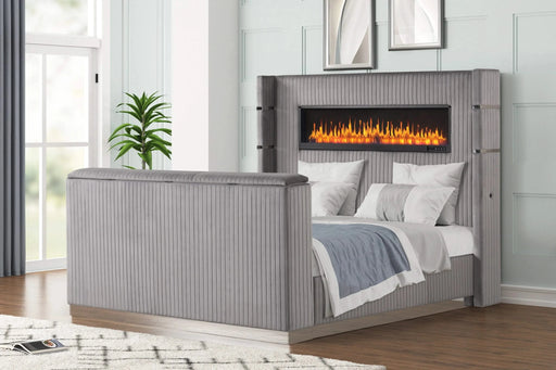 Lavish Modern Style 4 Pc Queen Bedroom Set Made with Fireplace in Headboard & TV stand in Footboard with Wood in Grey Default -DTYStore