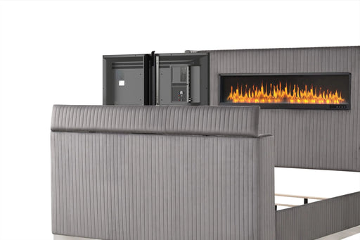 Lavish Modern Style 4 Pc Queen Bedroom Set Made with Fireplace in Headboard & TV stand in Footboard with Wood in Grey Default -DTYStore