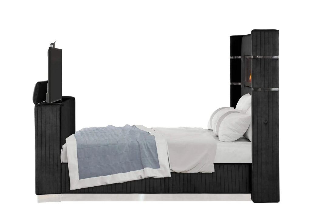Lavish Modern Style 5 Pc King Bedroom Set Made with Fireplace in Headboard & TV stand in Footboard with Wood in Black(CA INVENTORY) Default -DTYStore