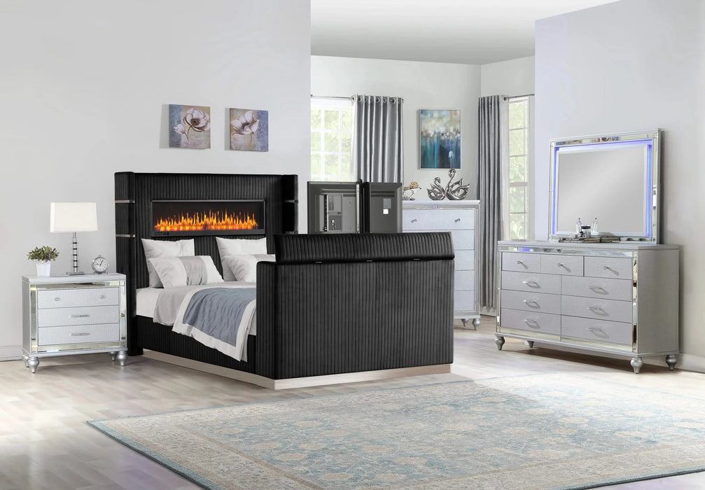 Lavish Modern Style 5 Pc King Bedroom Set Made with Fireplace in Headboard & TV stand in Footboard with Wood in Black(CA INVENTORY) Default -DTYStore